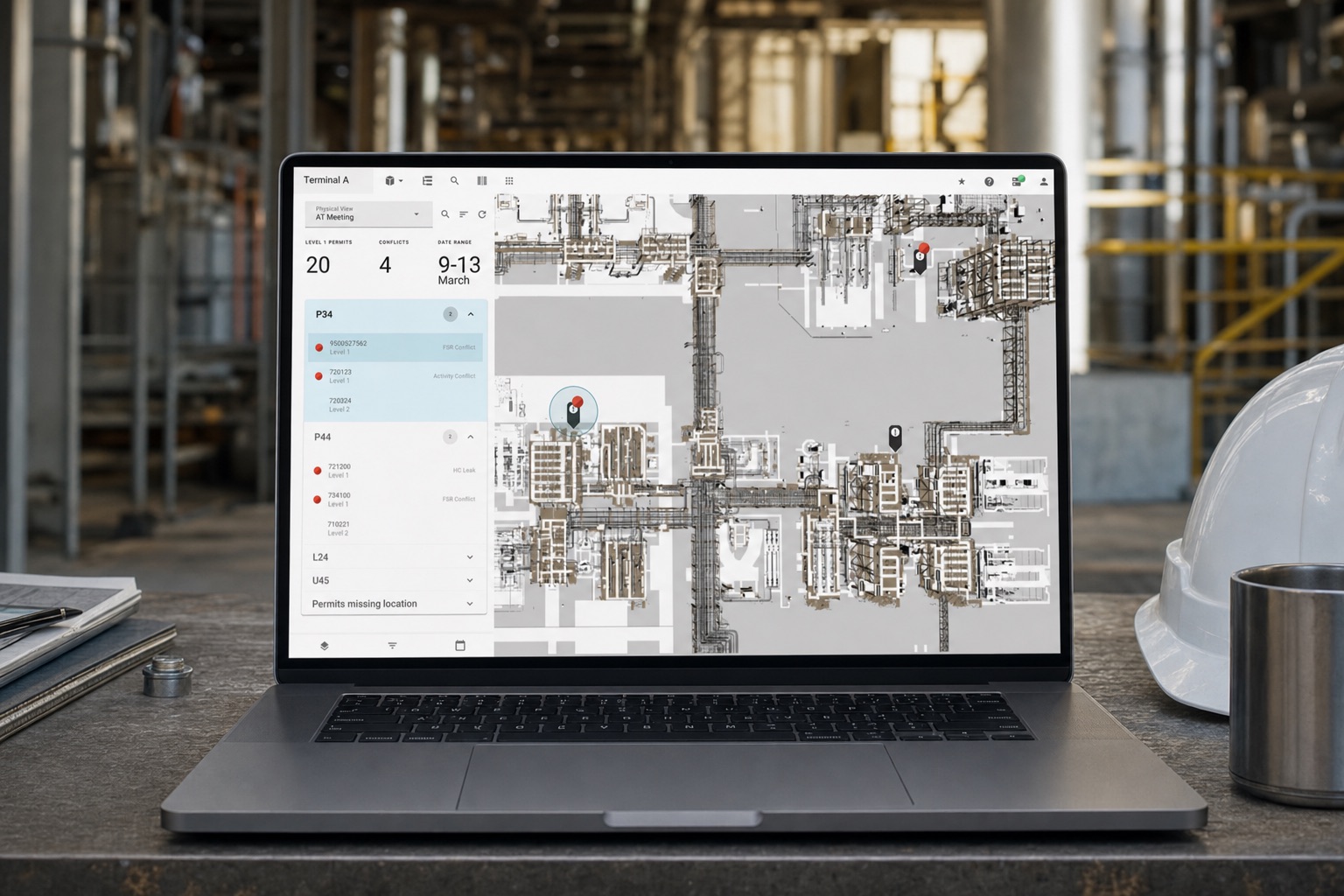Permit-to-work overview map with permits, conflicts, and date range filters — on a laptop in the plant