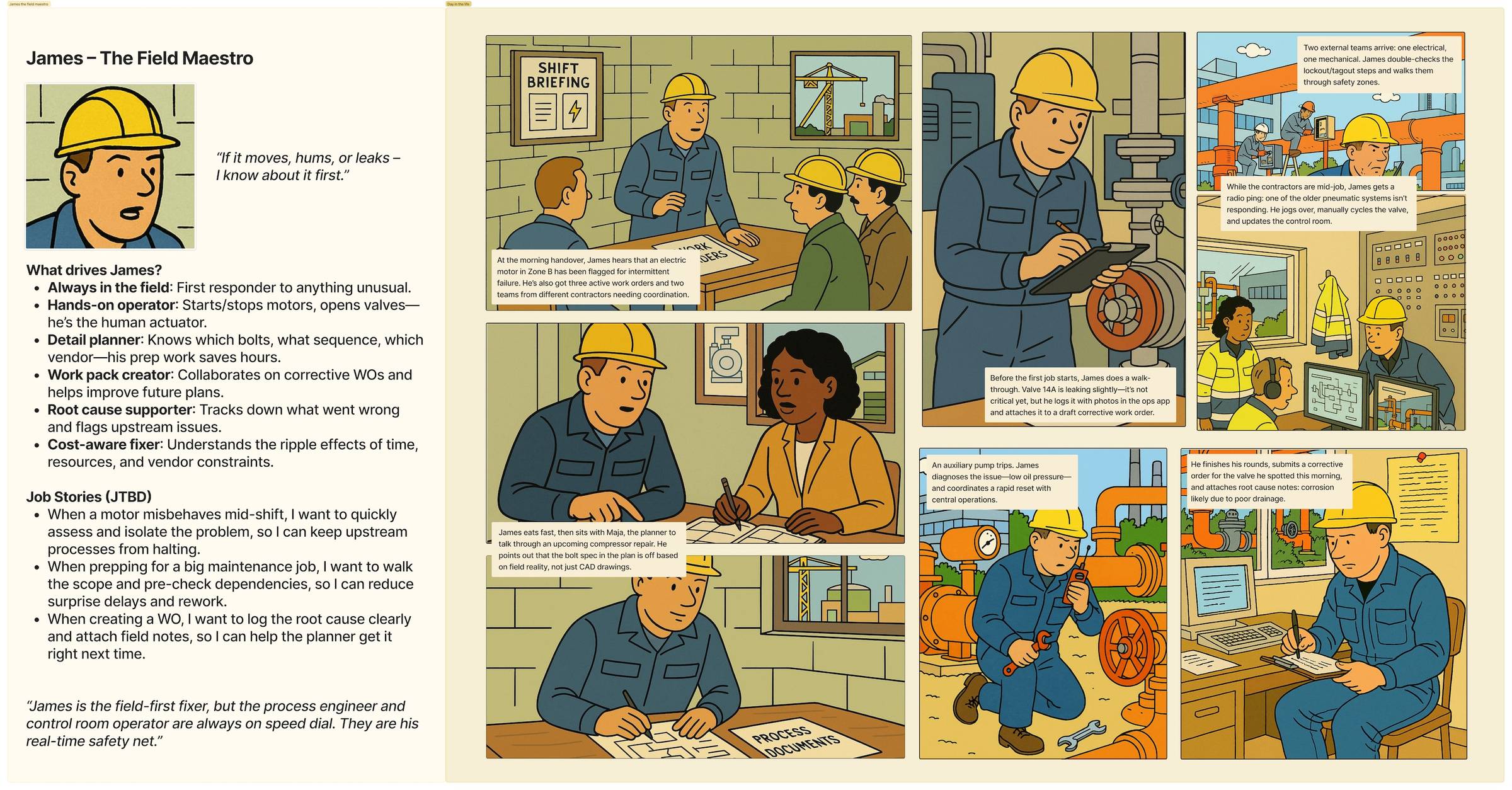 Persona storyboard: James, the field maestro — a technician's day from shift briefing to work-order wrap-up
