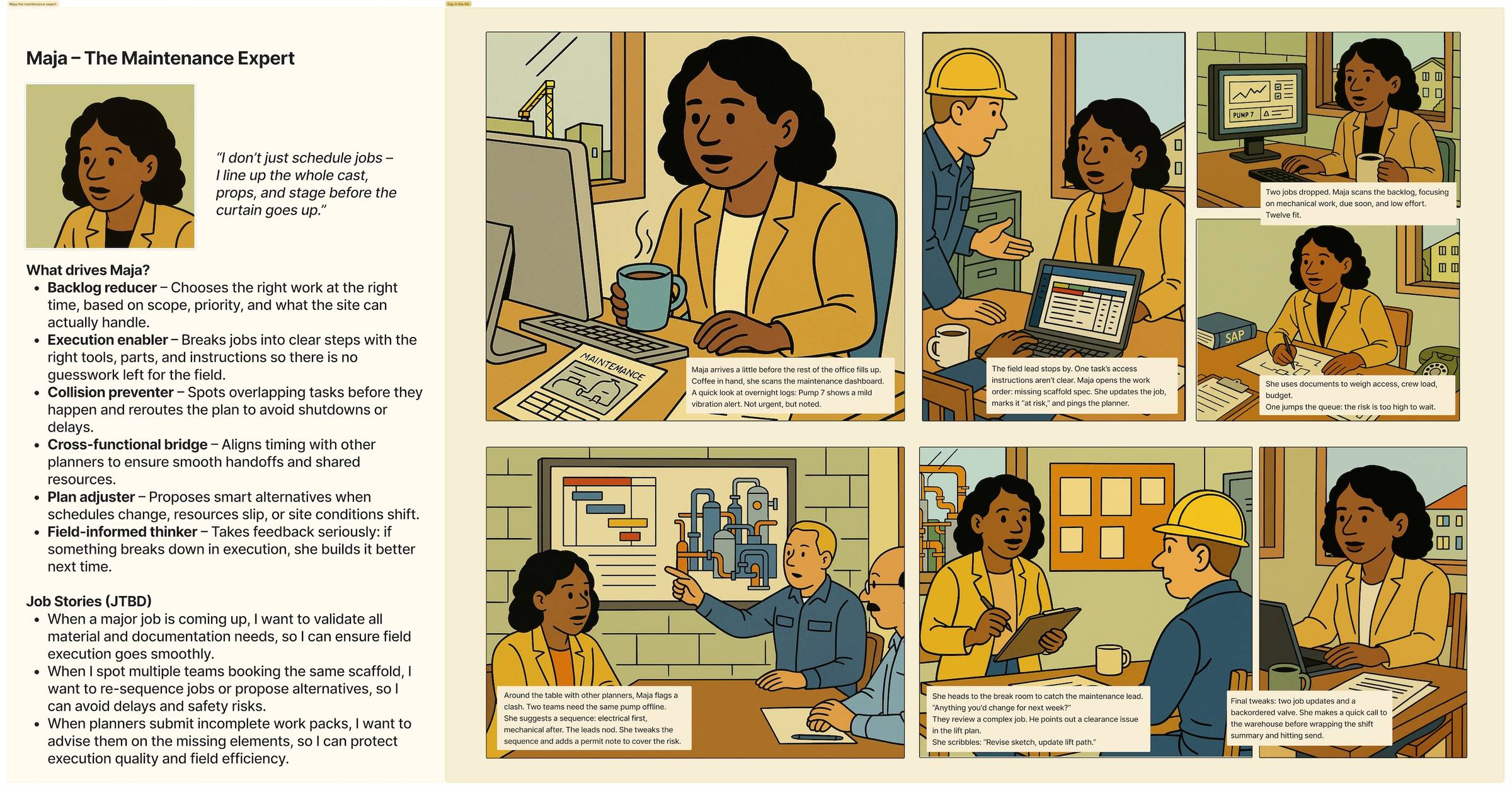 Persona storyboard: Maja, the maintenance expert — drivers, job stories, and a day-in-the-life comic strip