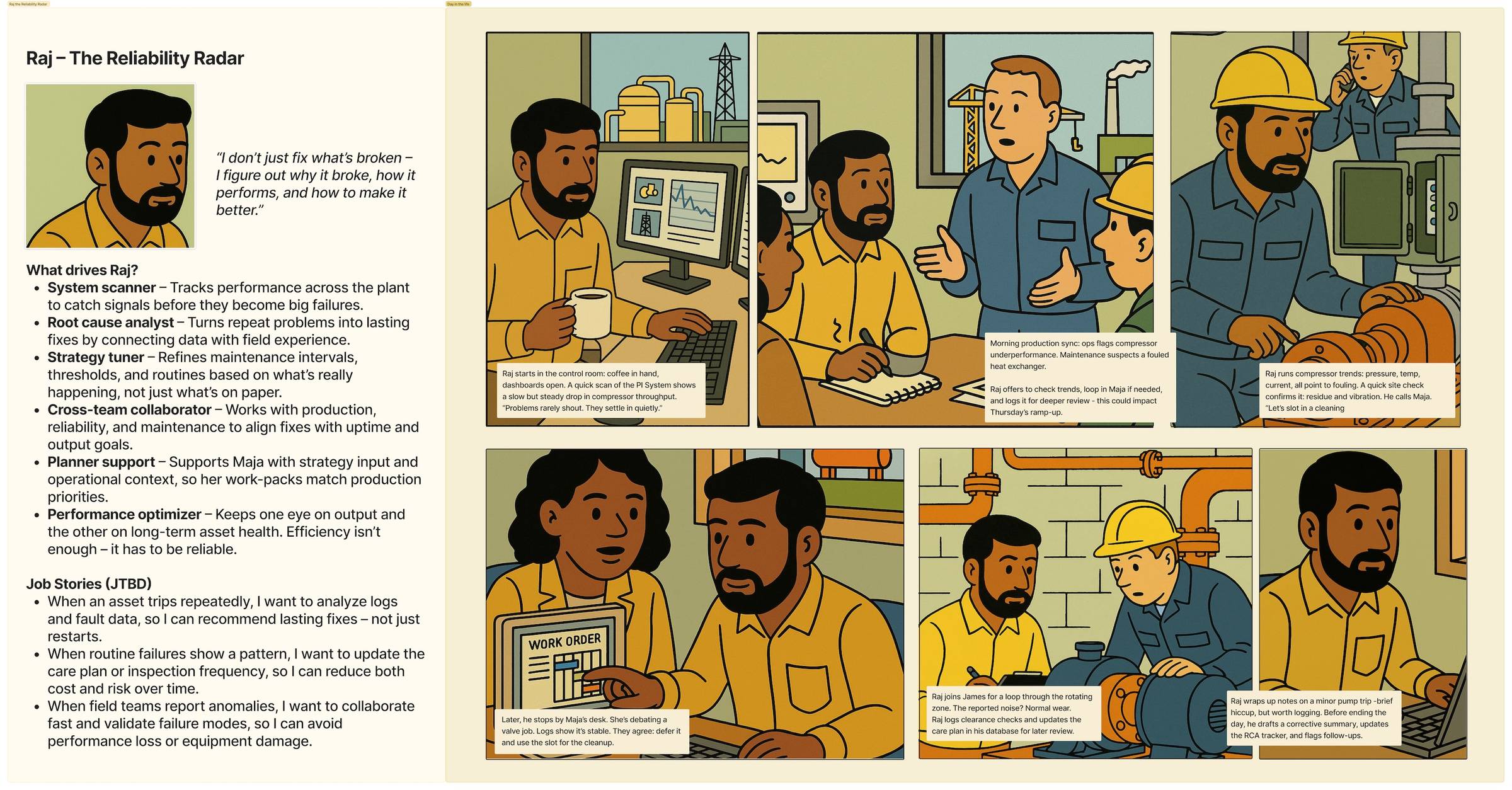 Persona storyboard: Raj, the reliability radar — root-cause analysis and maintenance-strategy tuning