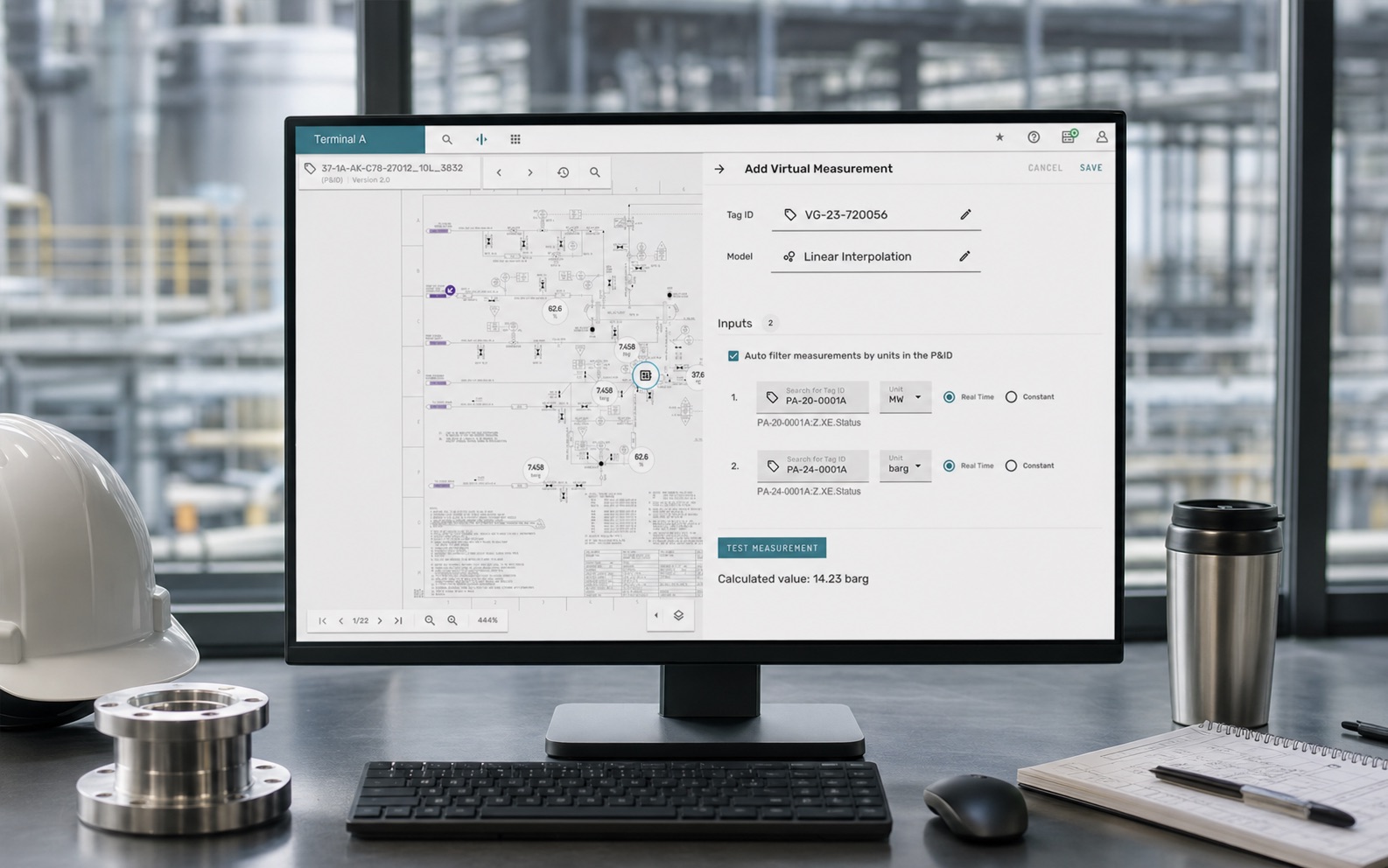 Adding a virtual measurement on a P&ID: tag ID, model, inputs, and a calculated value — in a monitor frame